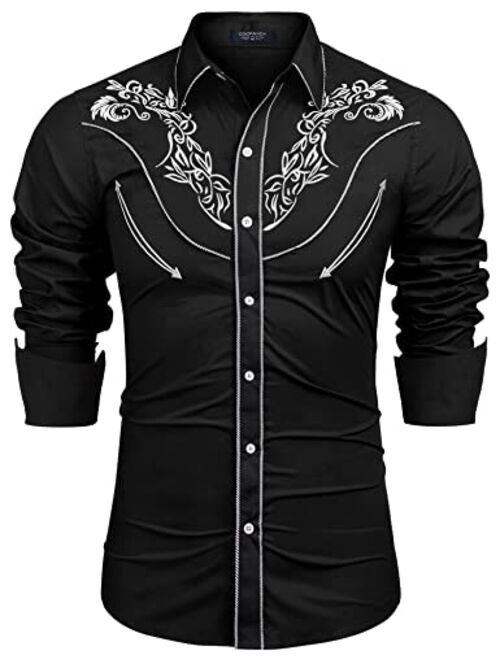 COOFANDY Men's Embroidered Rose Design Western Shirt Long Sleeve Button Down Shirt