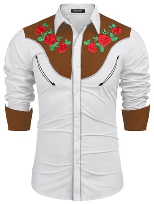 COOFANDY Men's Embroidered Rose Design Western Shirt Long Sleeve Button Down Shirt