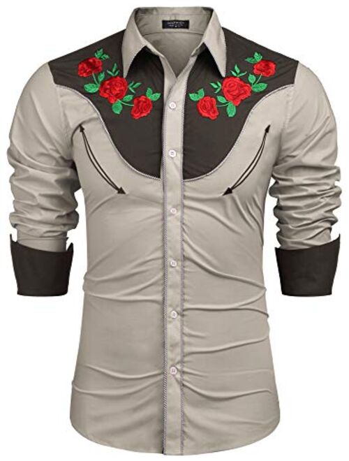 COOFANDY Men's Embroidered Rose Design Western Shirt Long Sleeve Button Down Shirt