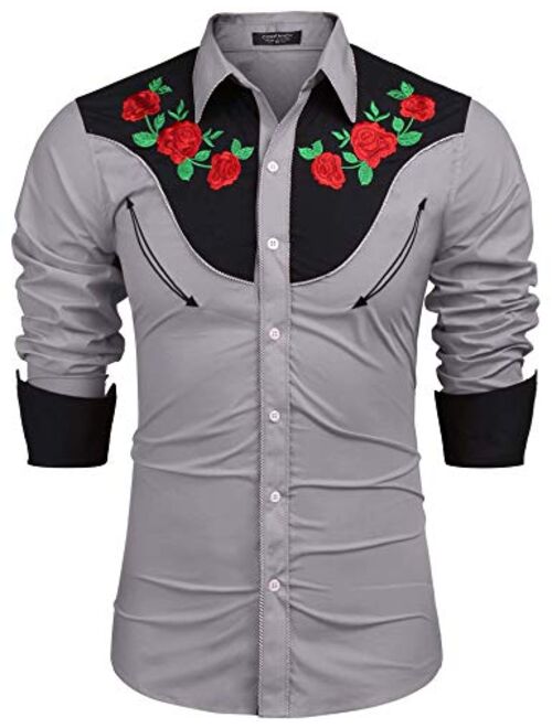 COOFANDY Men's Embroidered Rose Design Western Shirt Long Sleeve Button Down Shirt