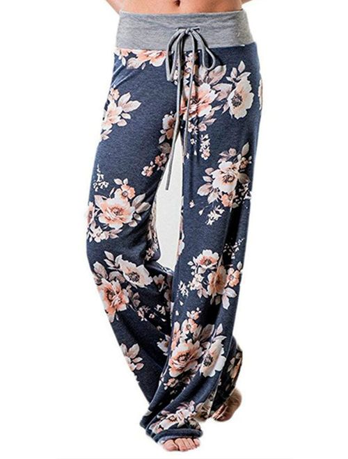 Artfish Women's Loose Baggy Yoga Long Pants Floral Printed Trousers Flowy Beach Pants