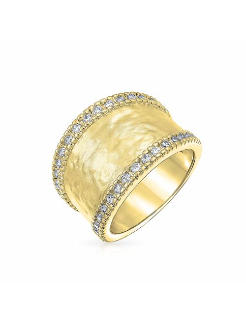 Bling Jewelry Boho Style CZ Accent Fashion Statement Brushed Hammered Matte Finish Wide Band Ring for Women 14K Gold or Silver Plated