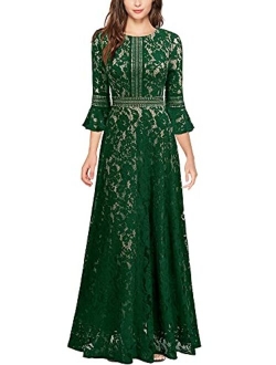 MISSMAY Women's Vintage Full Lace Contrast Bell Sleeve Formal Long Dress