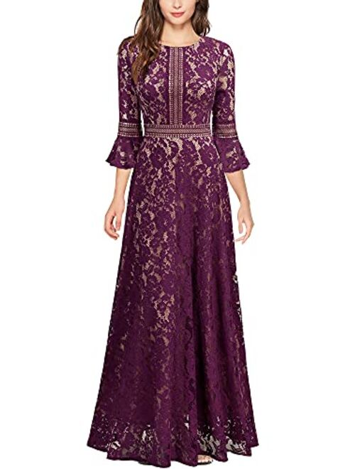 MISSMAY Women's Vintage Full Lace Contrast Bell Sleeve Formal Long Dress