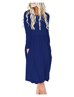 AUSELILY Women's Long Sleeve Pockets Empire Waist Pleated Loose Swing Casual Flare Dress