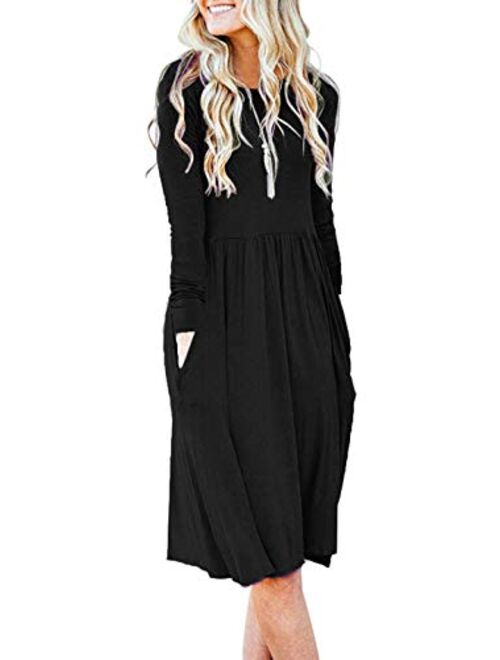 AUSELILY Women's Long Sleeve Pockets Empire Waist Pleated Loose Swing Casual Flare Dress