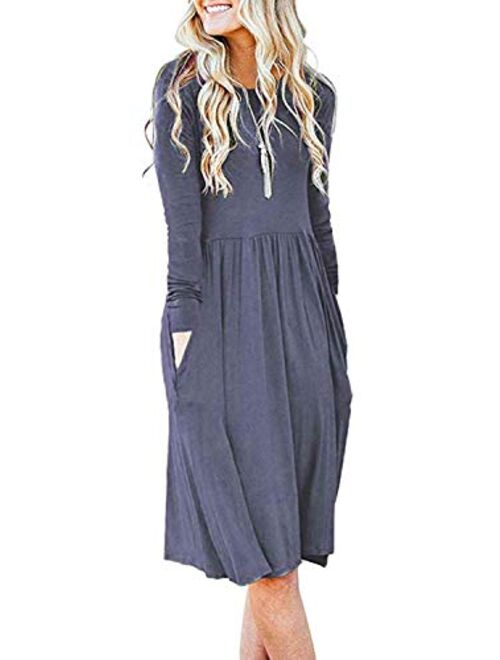 AUSELILY Women's Long Sleeve Pockets Empire Waist Pleated Loose Swing Casual Flare Dress