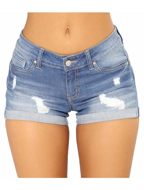 chouyatou Women's Perfectly Fit 5-Pockets Ripped Denim Jean Shorts