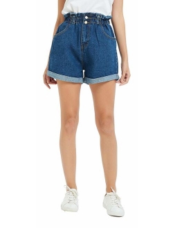 Plaid&Plain Women's High Waisted Denim Shorts Rolled Blue Jean Shorts