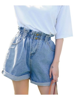 Plaid&Plain Women's High Waisted Denim Shorts Rolled Blue Jean Shorts