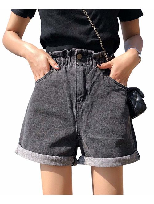 Plaid&Plain Women's High Waisted Denim Shorts Rolled Blue Jean Shorts