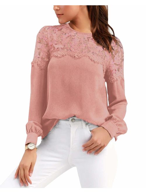 Celmia Womens Lace Blouses Tops Long Sleeve Botton Down Shirts Tunic Crewneck