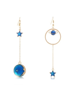 SUNSCSC Enamel Moon Star Earth Planet Drop Hook Earrings Long Pendant Dangle Jewelry for Woman Girls