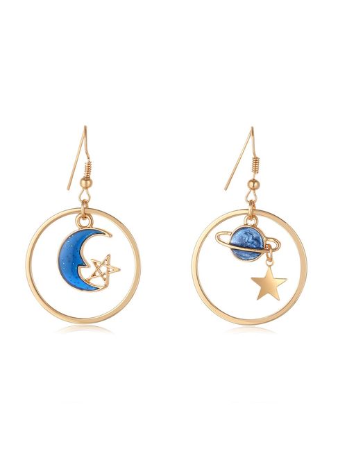 SUNSCSC Enamel Moon Star Earth Planet Drop Hook Earrings Long Pendant Dangle Jewelry for Woman Girls