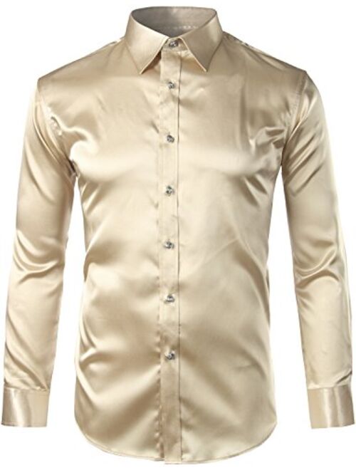 Buy ZEROYAA Mens Regular Fit Long Sleeve Shiny Satin Silk Like Dance ...