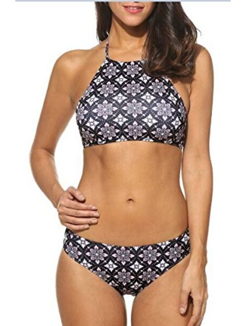 Ekouaer Womens Forest Leaves Printing High Neck Halter two piece swimsuit for plus size Bikini Set Swimsuit XS-XXL