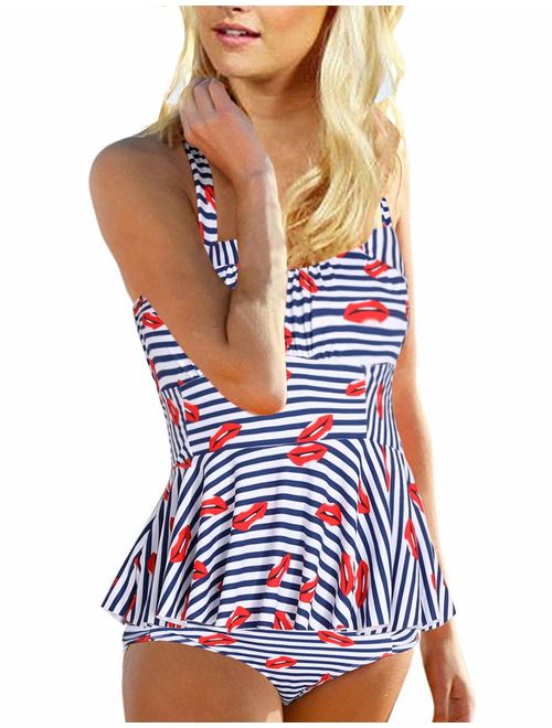 Womens Retro High Waisted Bathing Suits Vintage Tankini Print Swimsuits Bikini Set for Women