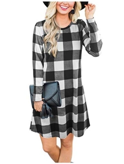 Women's Plaid Swing Dress Long Sleeve Round Neck Tunic Mini Dress