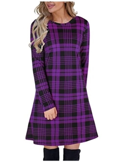 Women's Plaid Swing Dress Long Sleeve Round Neck Tunic Mini Dress