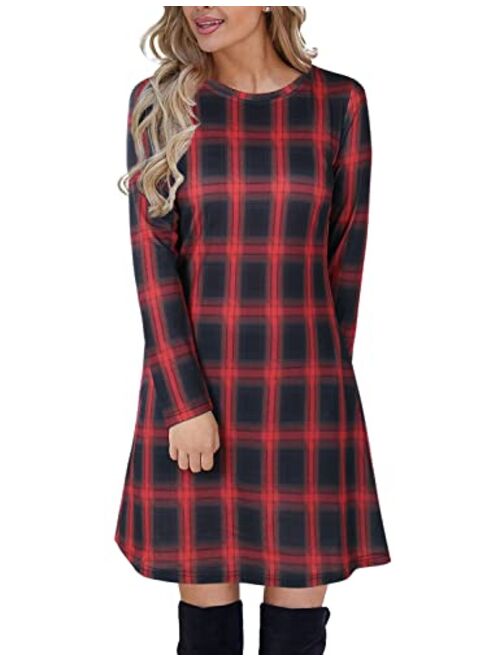 Blooming Jelly Women's Plaid Swing Dress Long Sleeve Round Neck Tunic Mini Dress