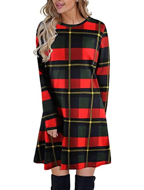 Blooming Jelly Women's Plaid Swing Dress Long Sleeve Round Neck Tunic Mini Dress