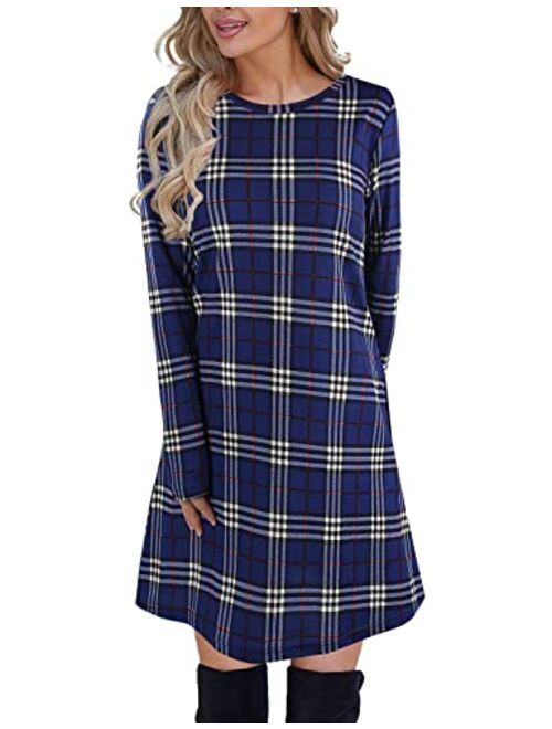 Blooming Jelly Women's Plaid Swing Dress Long Sleeve Round Neck Tunic Mini Dress