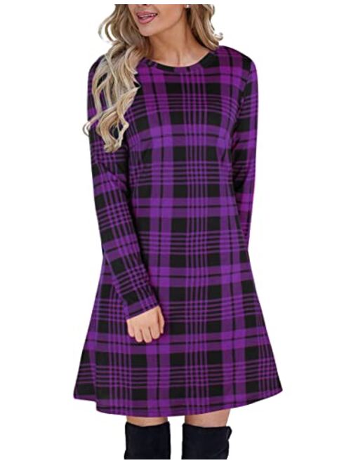 Blooming Jelly Women's Plaid Swing Dress Long Sleeve Round Neck Tunic Mini Dress