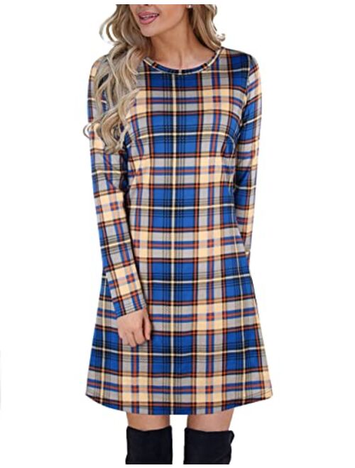 Blooming Jelly Women's Plaid Swing Dress Long Sleeve Round Neck Tunic Mini Dress