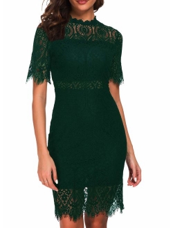 Zalalus Women's Elegant High Neck Short Sleeves Lace Cocktail Party Dress