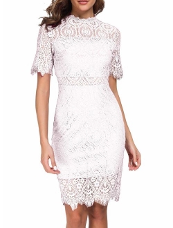 Zalalus Women's Elegant High Neck Short Sleeves Lace Cocktail Party Dress