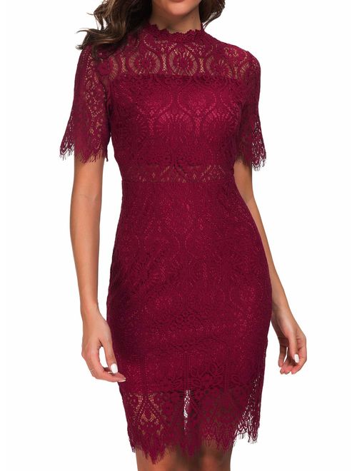 Zalalus Women's Elegant High Neck Short Sleeves Lace Cocktail Party Dress