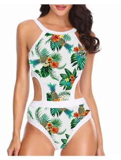 Holipick Women One Piece Swimsuit High Neck Floral Printed Cutout Bathing Suits