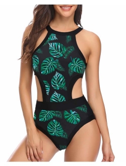 Holipick Women One Piece Swimsuit High Neck Floral Printed Cutout Bathing Suits