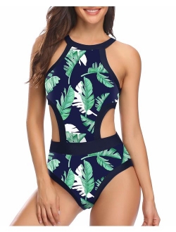 Holipick Women One Piece Swimsuit High Neck Floral Printed Cutout Bathing Suits