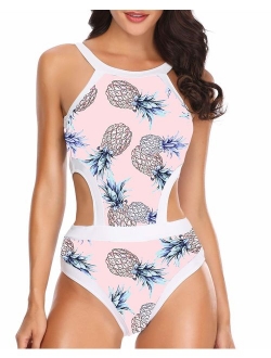 Holipick Women One Piece Swimsuit High Neck Floral Printed Cutout Bathing Suits