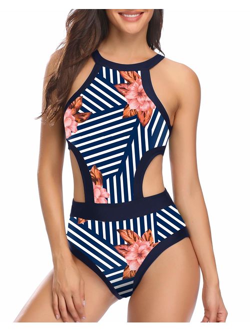 Holipick Women One Piece Swimsuit High Neck Floral Printed Cutout Bathing Suits