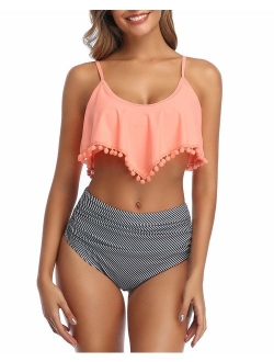 Women Two Piece High Waisted Flounce Bikini Set Pom Pom Trim Swimsuit