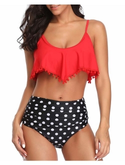 Women Two Piece High Waisted Flounce Bikini Set Pom Pom Trim Swimsuit