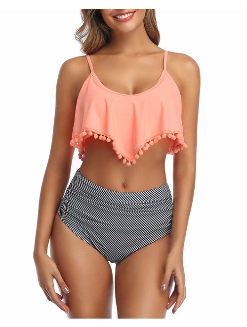 Tempt Me Women Two Piece High Waisted Flounce Bikini Set Pom Pom Trim Swimsuit