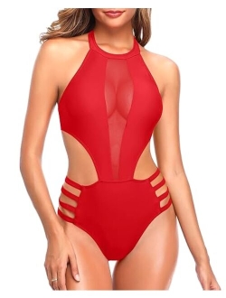 Women One Piece Mesh Swimsuit High Neck Halter Cutout Monokini Swimwear