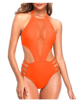 Women One Piece Mesh Swimsuit High Neck Halter Cutout Monokini Swimwear