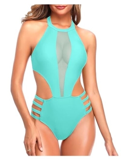 Women One Piece Mesh Swimsuit High Neck Halter Cutout Monokini Swimwear