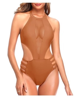 Women One Piece Mesh Swimsuit High Neck Halter Cutout Monokini Swimwear