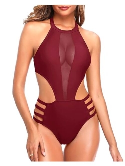 Women One Piece Mesh Swimsuit High Neck Halter Cutout Monokini Swimwear