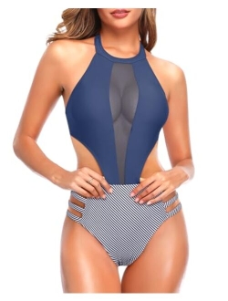 Women One Piece Mesh Swimsuit High Neck Halter Cutout Monokini Swimwear