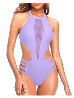 Women One Piece Mesh Swimsuit High Neck Halter Cutout Monokini Swimwear