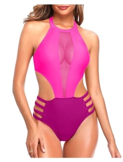 Women One Piece Mesh Swimsuit High Neck Halter Cutout Monokini Swimwear