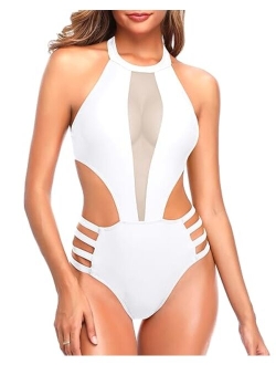 Women One Piece Mesh Swimsuit High Neck Halter Cutout Monokini Swimwear