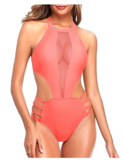 Women One Piece Mesh Swimsuit High Neck Halter Cutout Monokini Swimwear