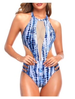 Women One Piece Mesh Swimsuit High Neck Halter Cutout Monokini Swimwear